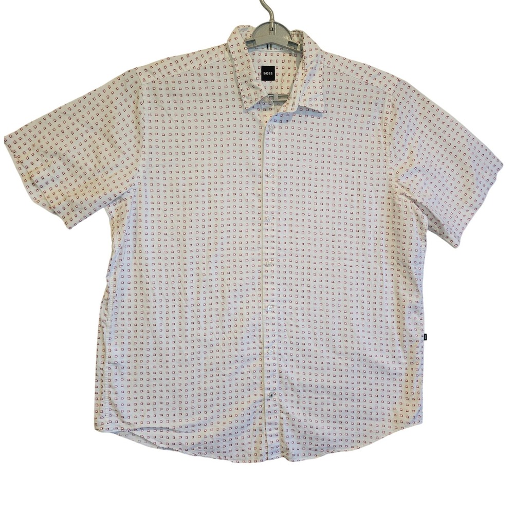 Hugo Boss Mens Short Sleeve Button Down Shirt White Geometric Micro Print‎ Large